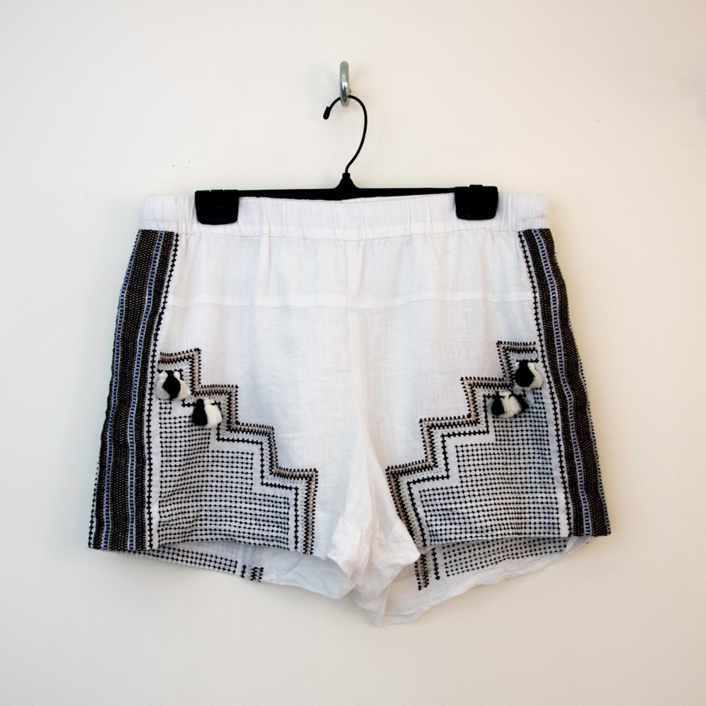JCrew linen embroidered tassel boho shorts